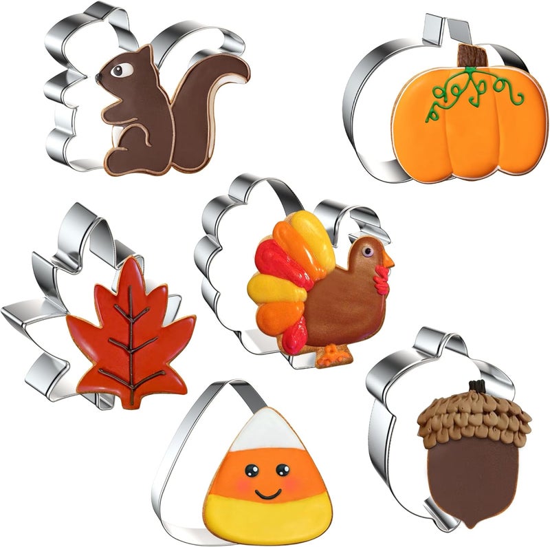 FUSOTO 6PCS Thanksgiving Cookie Cutters Set, Holiday Cookie Cutter Thanksgiving Shapes for Baking-Turkey, Pumpkin, Candy Corn, Pine Cones, Squirrel, Maple, Fall Cookie Cutters for Homemaking Cookie - Image 1